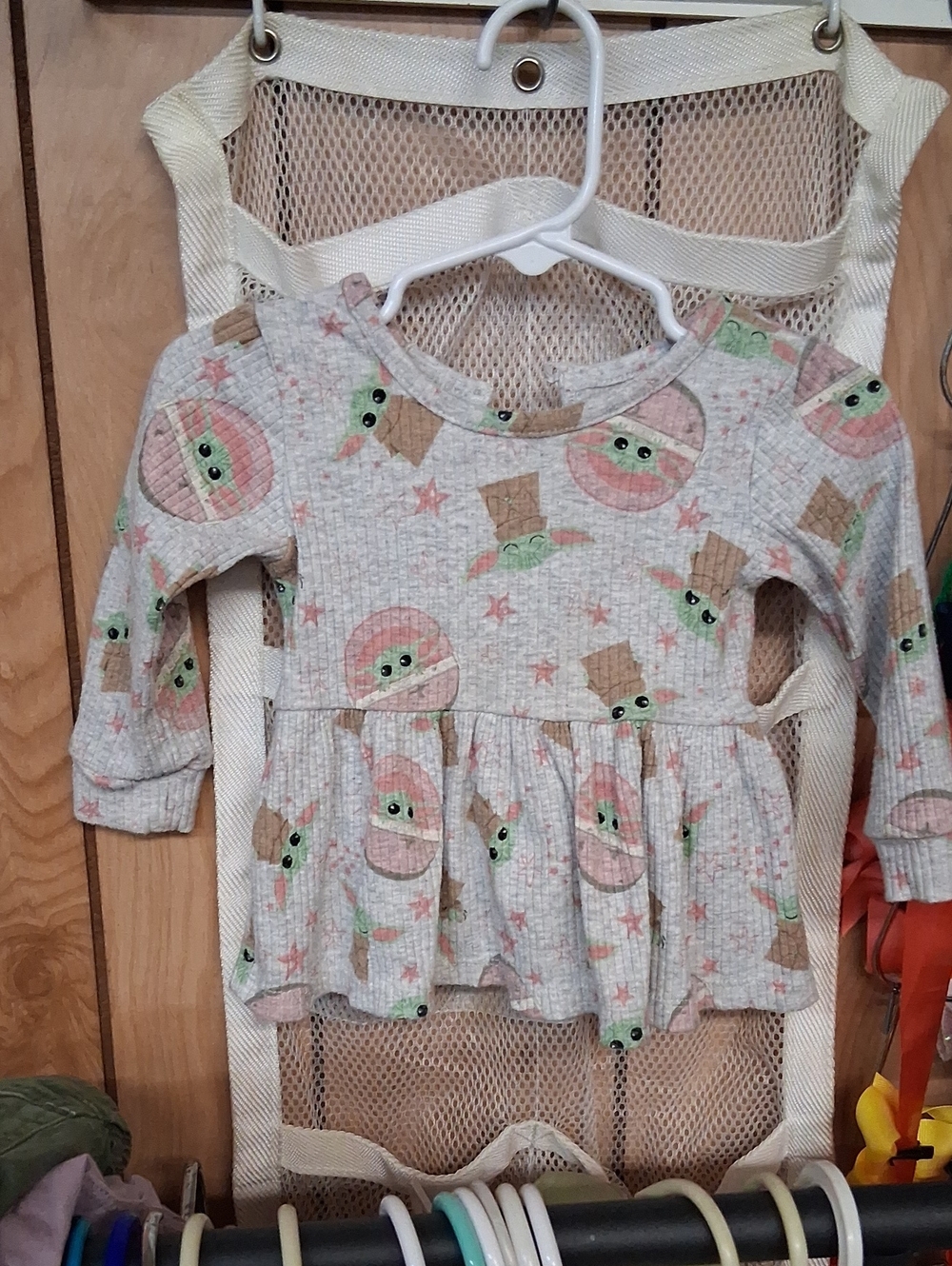 Star Wars Cream Gray Baby Yoda Long-Sleeve Peplum Top with Pink Accents